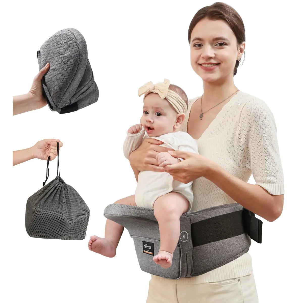 SUNVENO Baby Carrier Foldable Baby Hip Seat Carrier with Long Waistband for Aged 0-36 Months Newborns and Toddlers Grey