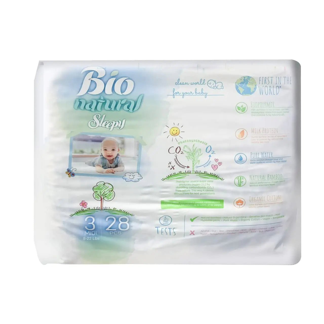 Bio-Natural Sleepy Baby Diapers 3 MIDI 8-22 Lbs Count- 28 PCs Made from Organic Cotton and Bamboo Extract Ultimate Comfort and Dryness Wetness Indicator