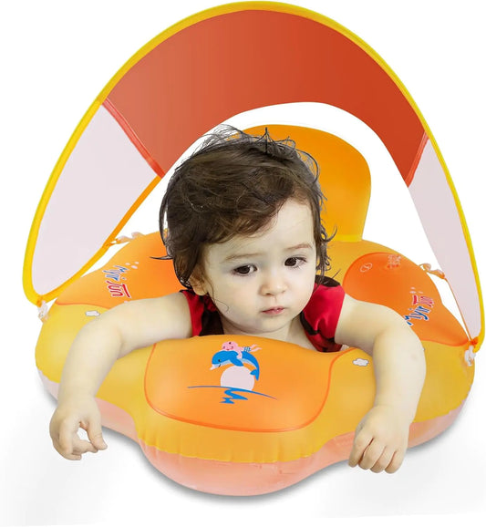 Myir JUN Baby Pool Float with Canopy Inflatable Baby Pool Float Toddler Float Children Baby Float for Pool Baby Swim Trainer Toddler Swim Float (Orange SFloat with Canopy)