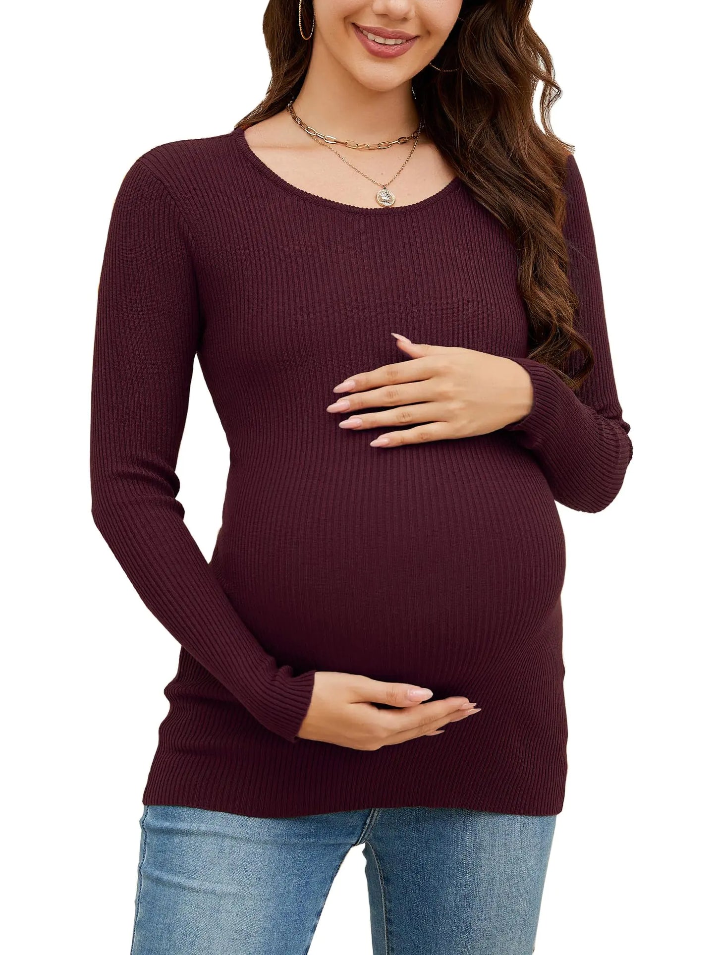 WANTROY Maternity Shirts Long Sleeve Ribbed Knit Crewneck Pregnancy Tunic Tops Casual Maternity Clothes Wine Red