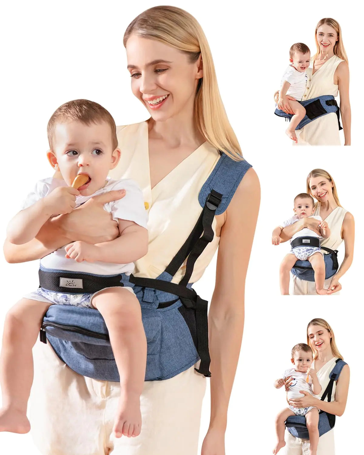 Baby Carrier MOMTORY Hip Seat Carrier with Adjustable Strap & Various Pockets Ergonomic Baby Hip Seat Carrier for Infants & Toddlers up to 50lbs (Blue)