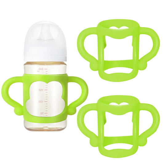 2 Pcs Silicone Baby Bottles Handle Wide Neck Bottle Grip Universal Fit Baby Bottle Holders for Baby Self Feeding (Green)