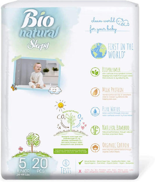 SOHO Bio-Natural Sleepy Baby Diapers Made from Organic Cotton and Bamboo Extract Ultimate Comfort and Dryness Wetness Indicator Comes with The Baby Wipes (5 Junior 24-44 Lbs Count- 20 PCs)