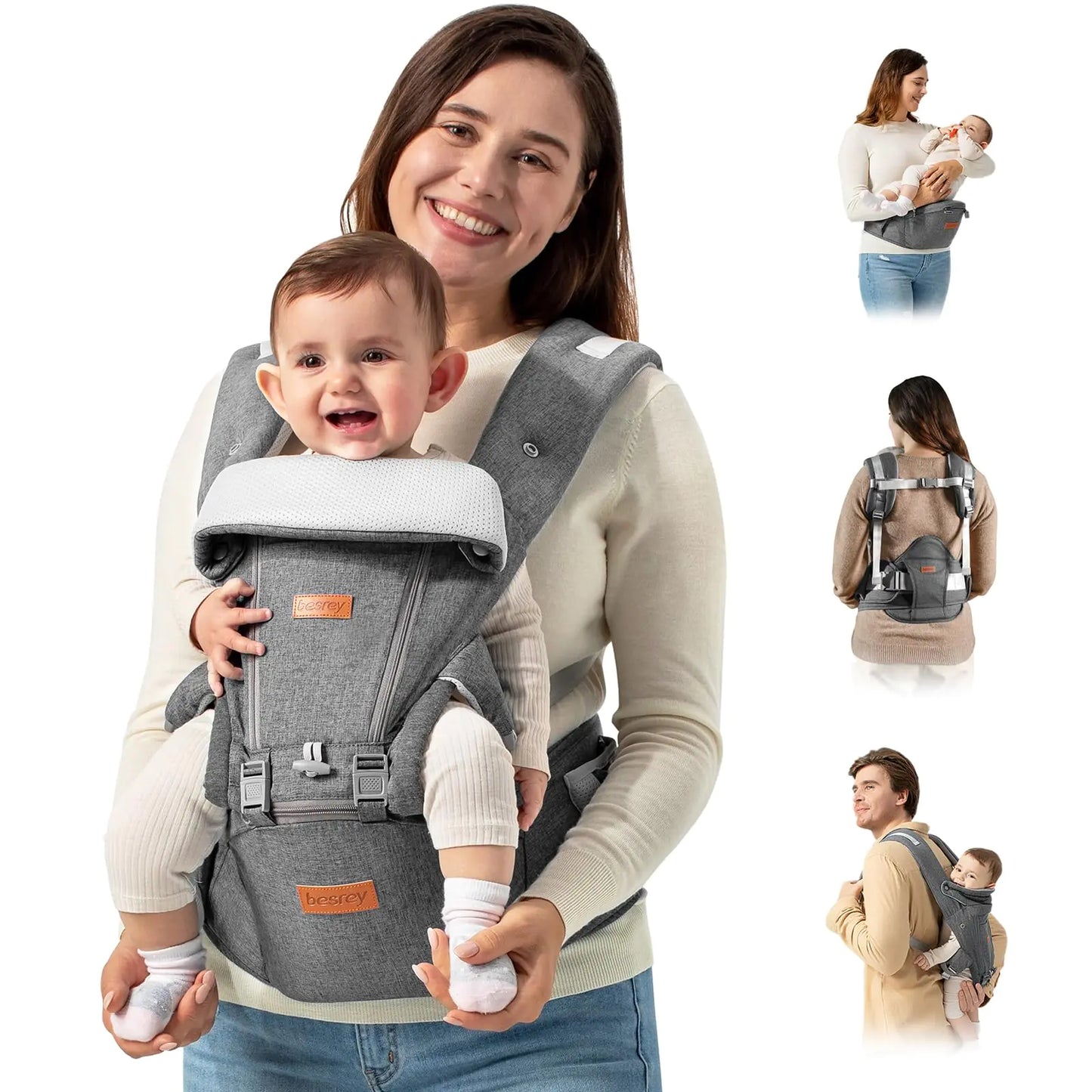 besrey Baby Carrier with Hip Seat Newborn to Toddler 7-45lb Summer Mesh Infant Carrier Baby Body Holder with Back Support Kangaroo Carrier Front Facing Men Chest Carrier Mom Dad Backpack Carrier